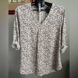 Youtalia Womens 3/4 Cuffed Sleeve Chiffon Floral Green Gray V Neck Blouse Large